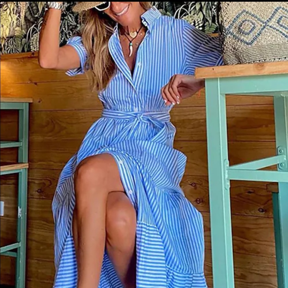 Blue and White Striped Collared Maxi Dress